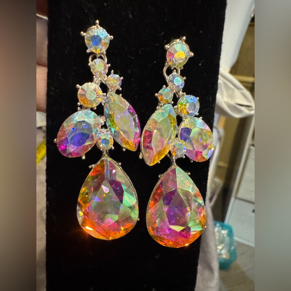 Oversized Aurora Crystal Teardrop Dangle Earrings - Pierced pagent style 2 1/18‎